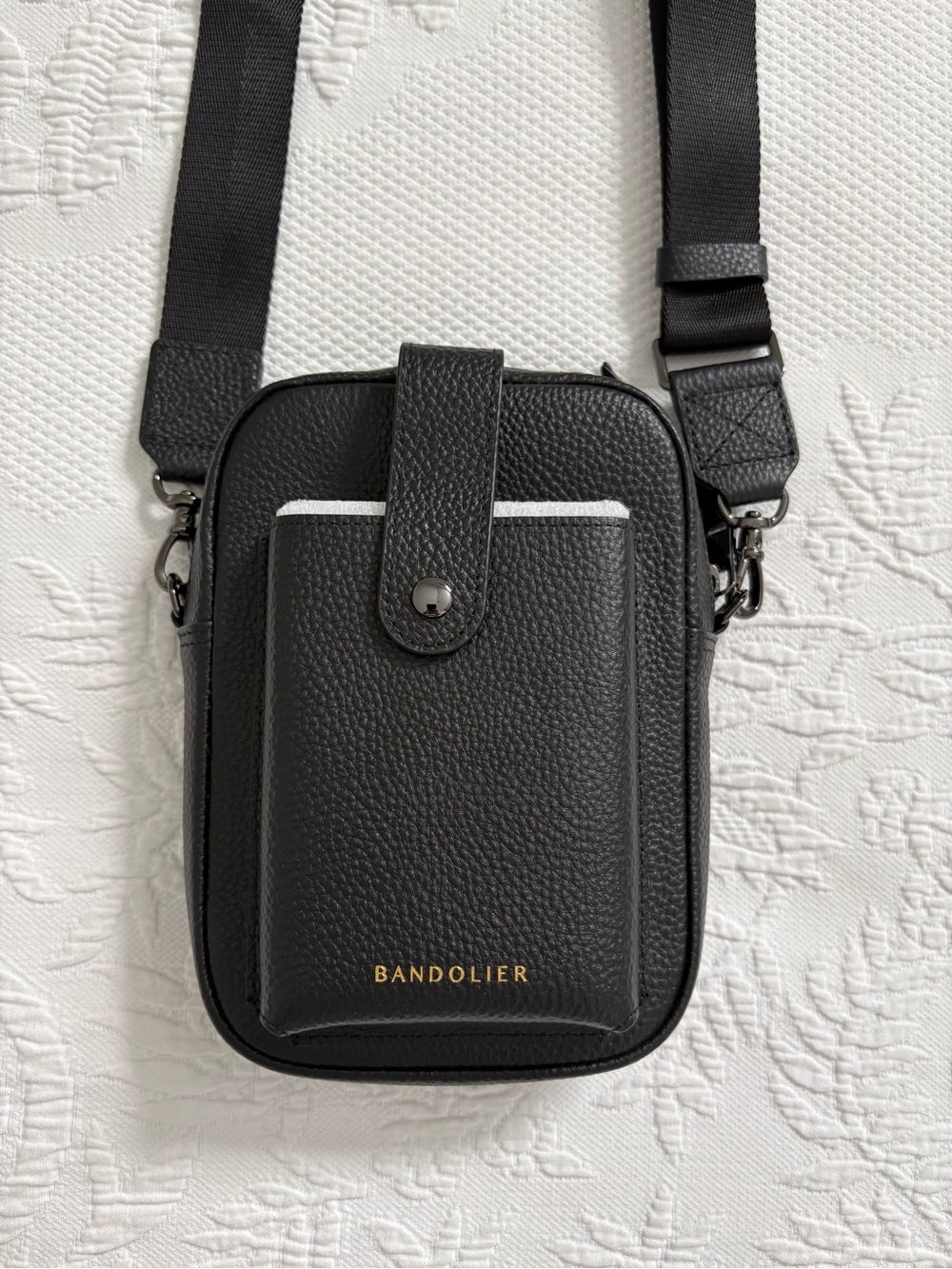 Bandolier Dillon crossbody bag black pewter pebble leather